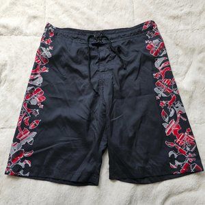 Red Camel Black and Red Plaid Hawaiian Print Lined Swim Trunks M